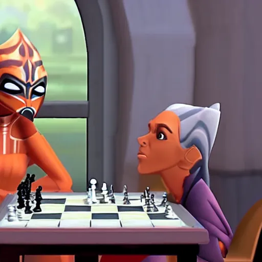 Prompt: Ahsoka Tano playing chess with Darth Vader in The Clone Wars animated series