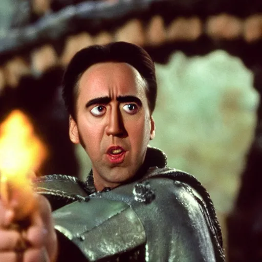 Prompt: nic cage in the sword in the stone, disney,