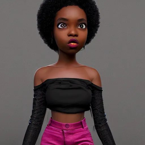 Image similar to young, super cute funky black girl, afro, off the shoulder shirt, sultry look, soulful, pouty lips, adorable, disney, real life, octane render, 8 k, volumetric lights, rim light, character details, 3 d, award winning, model, beautiful, gorgeous