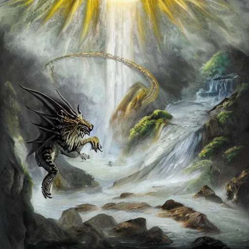 Image similar to oil painting of a dragon flying in the air near a cave with a waterfall in the center, light emanating from the waterfall leading to a big pool of water, dragon has black and white siberian tiger stripes, elegant, sharp focus, wide shot, clear, detailed, early renaissance