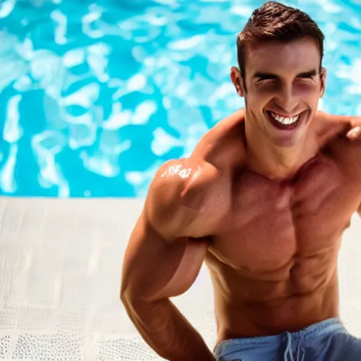 Image similar to attractive muscular man with a creepy smile bathing in a pool of milk