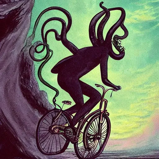 Image similar to cthulu riding a bicycle, realistic,