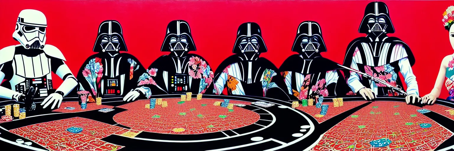 Image similar to hyperrealism composition of the detailed woman in a japanese kimono sitting at an extremely detailed poker table with darth vader and stormtrooper, fireworks on the background, pop - art style, jacky tsai style, andy warhol style, acrylic on canvas