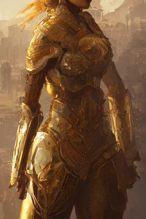 Image similar to portrait knights of Zodiac girl, golden and copper reflected armor, in ruined Agora of Athens, ssci-fi, fantasy, intricate, very very beautiful, elegant, highly detailed, digital painting, artstation, concept art, smooth, sharp focus, illustration, art by tian zi and WLOP and alphonse mucha