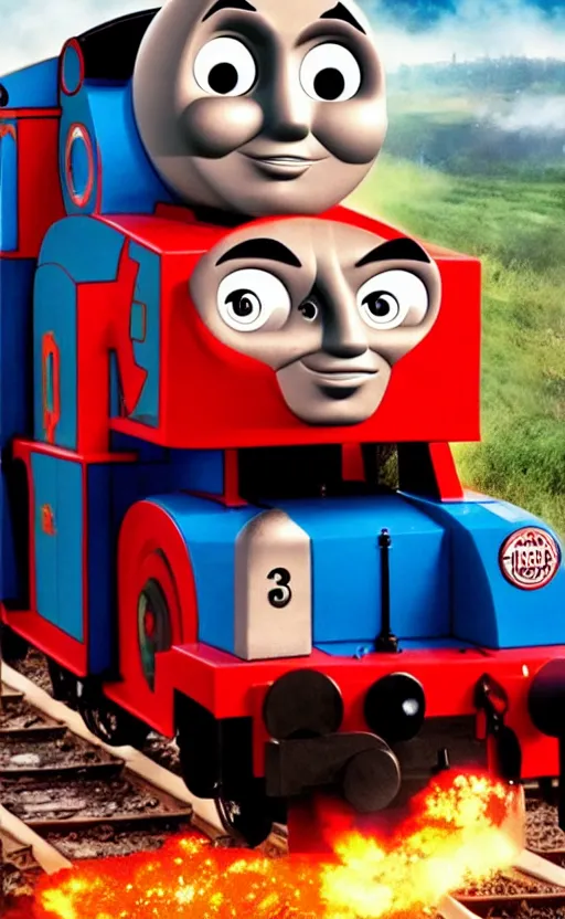 Image similar to thomas the tank engine vs. optimus prime : big revenge : coming soon to theaters, epic cinematic poster, realistic, photo, photorealistic, detailed, high quality, high resolution, 8 k, hdr, 4 k