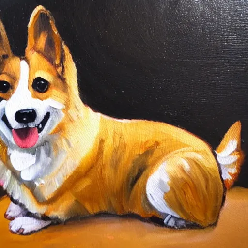 Prompt: expressive oil painting of corgi dog with a old telephone line calling