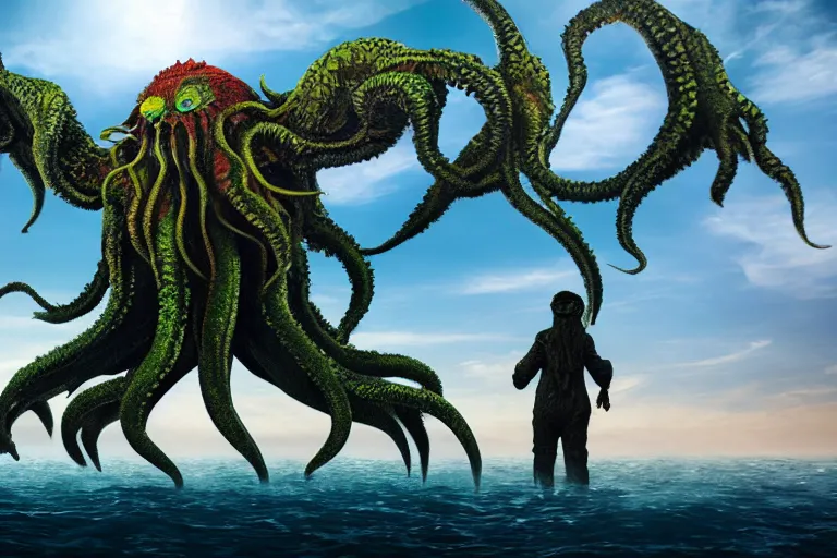 Image similar to giant Cthulhu with a parrot head, high definition, photorealistic, long shot, epic, horizon mountain over water