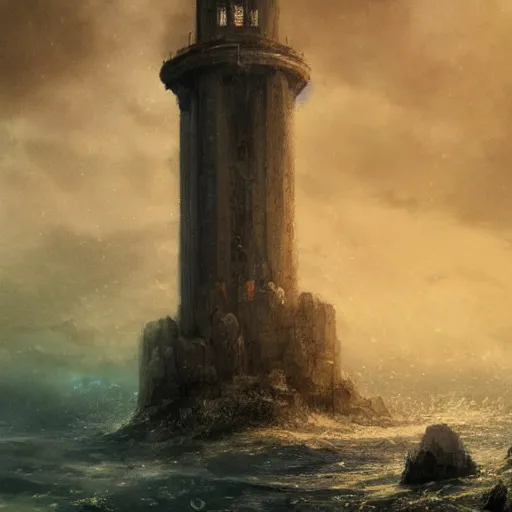 Image similar to the tower of hercules at the bottom of the sea, under water, greg rutkowski, 8 k, shallow depth of field, intricate detail, concept art,