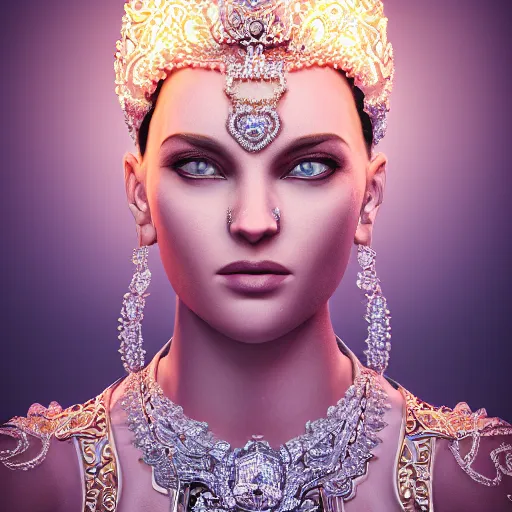 Image similar to portrait of wonderful princess of diamond with fair skin, ornate with diamonds, 8 k, gorgeous, intricate, detailed, glowing white accent lighting, dramatic lighting, octane render