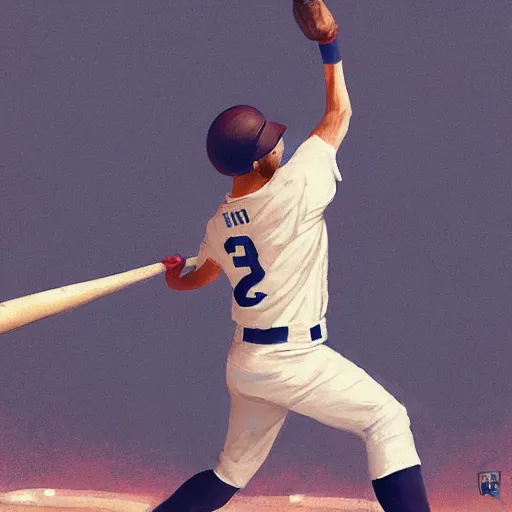 Image similar to baseball player hitting the ball with the baseball bat in the middle of the game and in front of everyone in the stadium, james gurney painting style, greg rutkowski, artstation