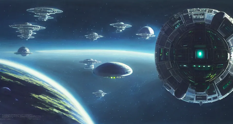 Prompt: ( single! futuristic round space station!!! ) in orbit above a | green planet!!! | ( ( military starships! ) ) | hyper realistic sci - fi matte concept art painting, painted by kim jung guweta studio rutkowski, james gurney and greg rutkowski, and lucasfilm, smooth, intricate, detailed!!, sharp focus, cinematic