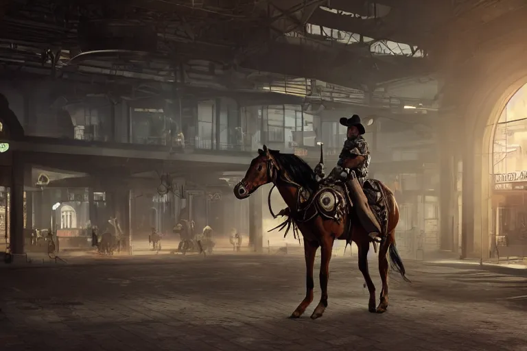 Image similar to photo from behind of a cowboy, riding a steampunk horse, on a futuristic shopping mall, cinematic lightning, ray tracing, unreal engine 5, photorealistic, 8 k, uhd, 4 k, ghost recon breakpoint game concept, extremely detailed, beautiful, elegant, intricate, foggy, in - game footage