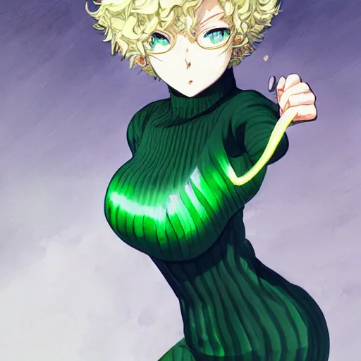 Prompt: tatsumaki from one punch man, green wavy hair, black dress, fine details, sharp focus, intricate, realistic shaded perfect face, by cushart krenz, by makoto shinkai, by wlop, by artgerm