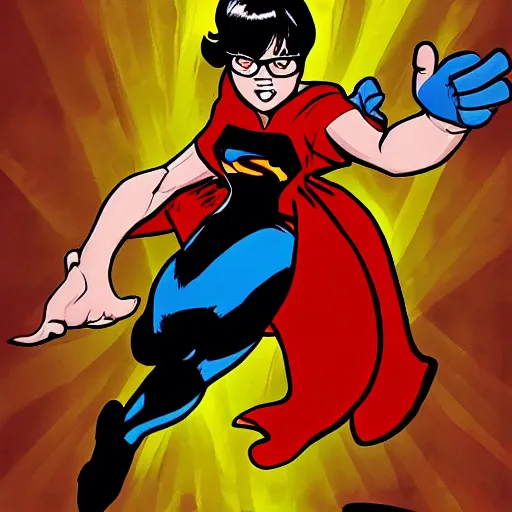 Image similar to Velma uppercutting Superman, comic book, high action, concept art