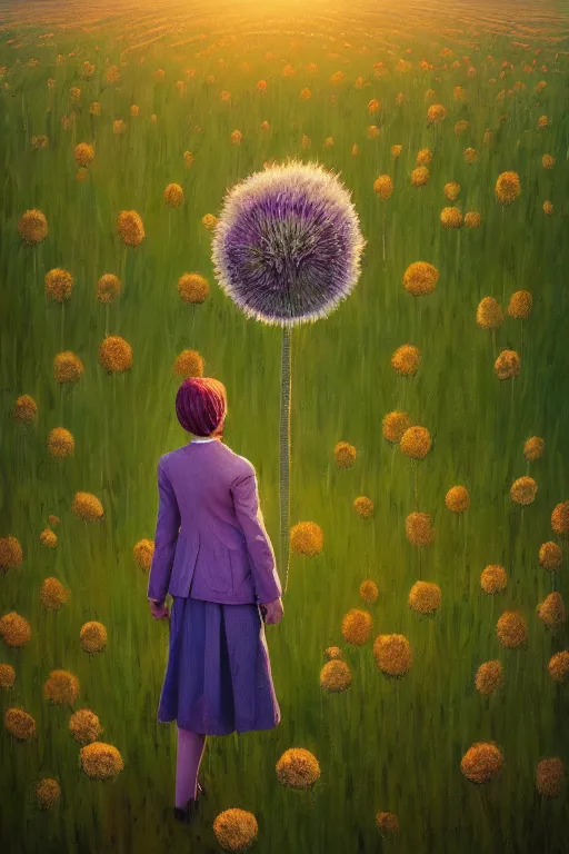 Image similar to portrait, giant thistle flower under head, a girl in a suit in field of flowers, surreal photography, sunrise, blue sky, dramatic light, impressionist painting, digital painting, artstation, simon stalenhag