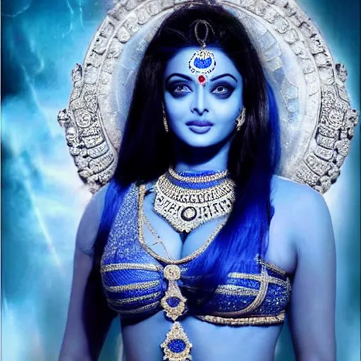 Prompt: extremely beautiful aishwarya rai as a blue - skinned indian goddess with six arms, symmetric, aesthetic!!!, cosplay, studio lighting, beautiful symmetric face, clean composition, highly symmetric body parts, gazing eyes, blue skin, blue body paint