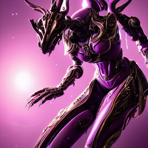 Image similar to highly detailed exquisite fanart, of a beautiful female warframe, but as an anthropomorphic robot dragon with glowing purple eyes, shiny silver armor with fuchsia accents, engraved, elegant pose, close-up shot, full shot, epic cinematic shot, sharp claws for hands, professional digital art, high end digital art, singular, realistic, DeviantArt, artstation, Furaffinity, 8k HD render