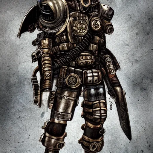 Prompt: a post-apocalyptic powered armored knigh in the style of steampunk/dieselpunk Trending on artstation DeviantArt Pinterest Photorealistic HD 8k highlights and shadow detailed High Resolution