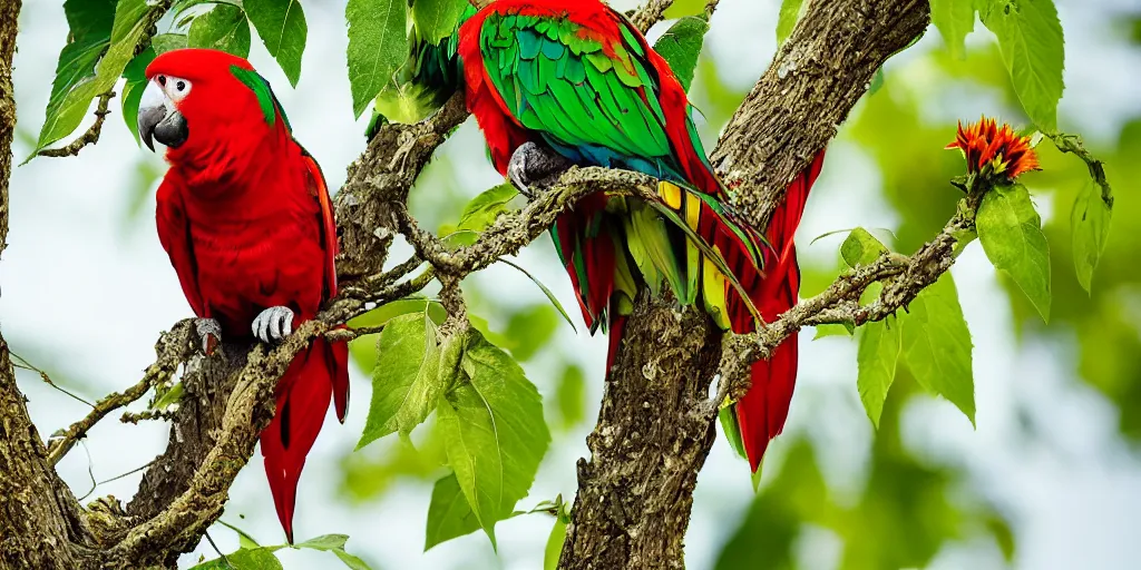 Image similar to angry green parrot with red wings sitting in a tree, surrounded by sunflower seeds, high detail, national geographic photorealistic