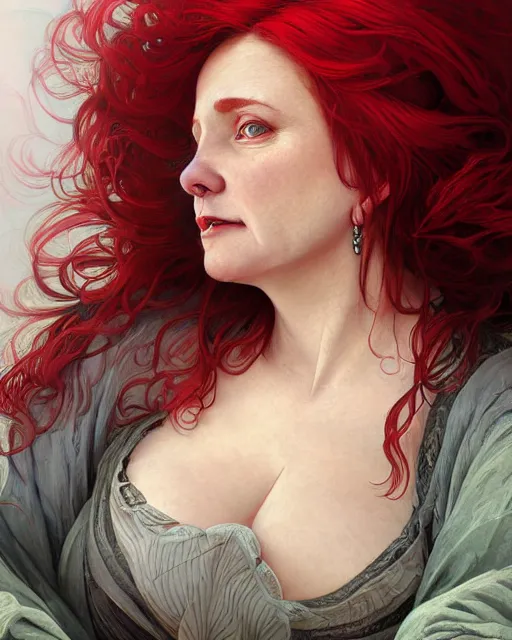 Image similar to portrait of short and plump 5 0 - year - old woman with red hair and a kind face, wearing dress, hyper realistic face, beautiful eyes, close up, fantasy art, in the style of greg rutkowski, intricate, alphonse mucha, hyper detailed, smooth