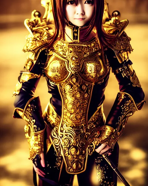 Image similar to anime style portrait of woman in shining golden armor, high production value, intricate details, high resolution, hdr, high definition, masterpiece, realistic, ultrarealistic, highly detailed, hd, sharp focus, non blurry, sharp, smooth