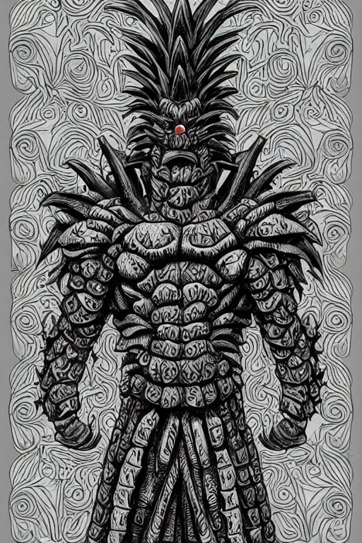 Image similar to pineapple humanoid figure monster wearing pineapple themed armour, symmetrical, highly detailed, digital art, sharp focus, trending on art station, kentaro miura manga art style