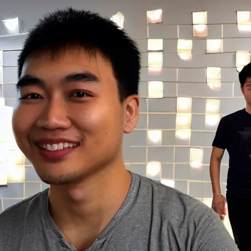 Image similar to a 2 6 year old asian daytrader named jay standing proudly in front of triangular nanoleaf led lights on his wall