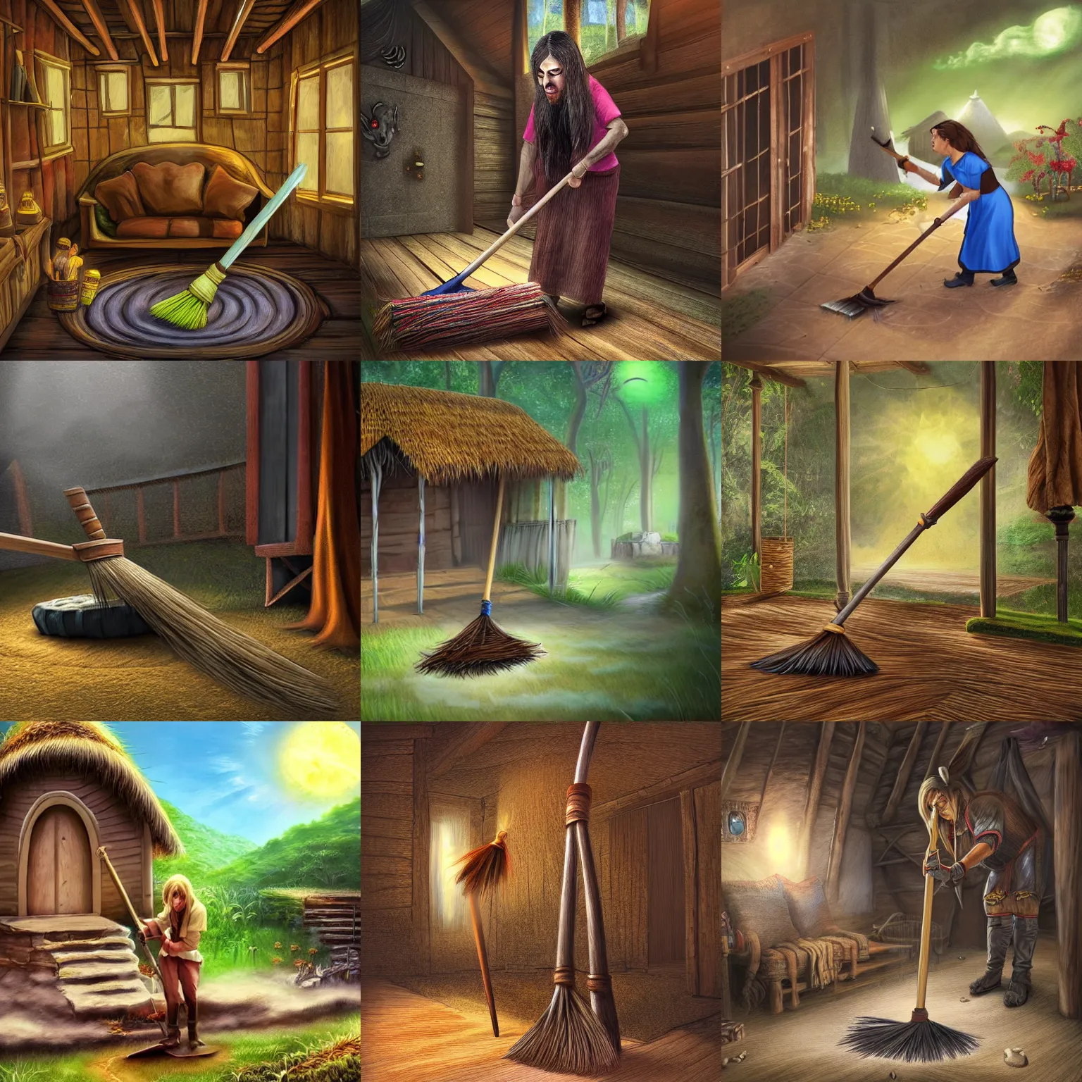 Prompt: fantasy art of a magic broom sweeping the floor of a hut on its own, photorealistic
