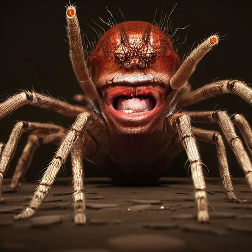 Image similar to man terrified as spiders and centipedes crawl out of his eyes and mouth, ultra realistic, horror, hyper detailed, sharp focus, ray tracing, terrifying, horrifying, octane render