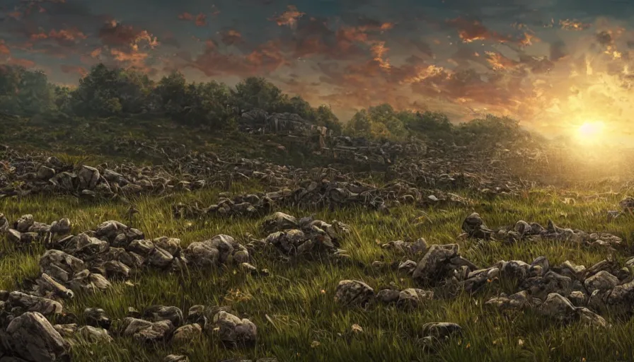 Prompt: the beautiful, chilling, mundane panoramic view of a field after war filled with dead soldier calvary and rocks at dusk. hyperrealistic anime background illustration, colorful, extremely detailed intricate linework, smooth, super sharp focus, bright colors, high contrast, matte, octopath traveler, unreal engine 5 highly rendered, global illumination, radiant light