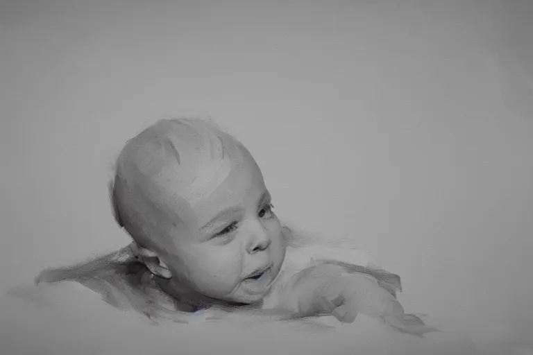 Prompt: concept art of a squealing white baby. by ashley wood and j. m. w. turner, speed painting, photo bash, cinematic angle, super detailing,