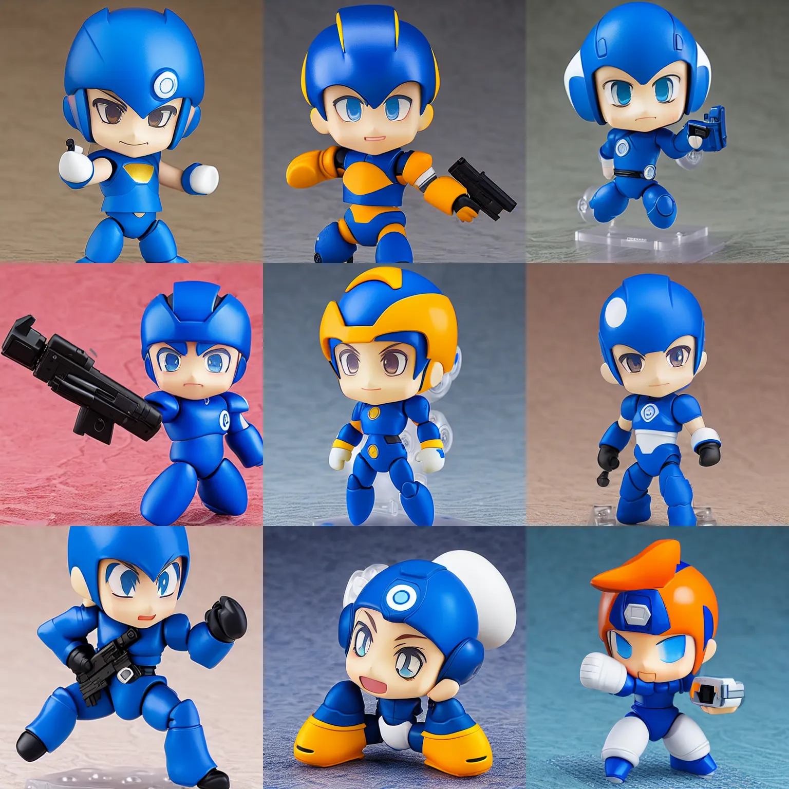 Prompt: a nendoroid of mega man holding a glock 1 9, detailed product photo