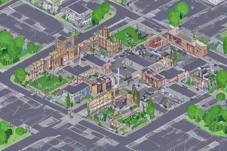 Image similar to isometric of townsquare, artwork by tooth wu