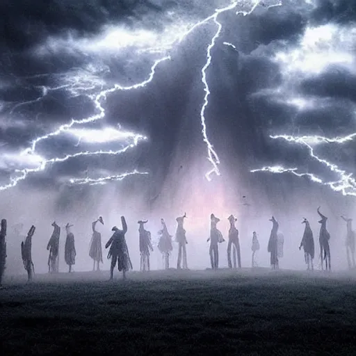 Prompt: a crowd of time traveller urban shamans landing to planet earth landscape with biomechanoid cumulonimbus witchcraft brujo geysers energy portals, guided by hyphae gigantic goddess dancing butoh amongst them, embracing clouds and nature with her skin incantantion, lucasfilm, gregory crewdson