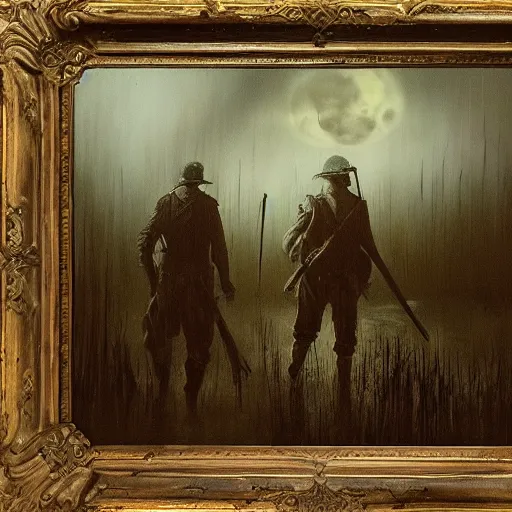 Prompt: an oilpainting of hunters from hunt showdown walking across a swamp at night, horror scene, moon light, bayou, silence, detailed