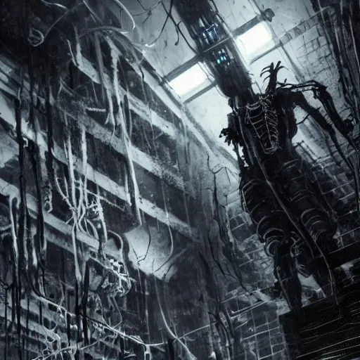 Image similar to in a dark room, a cybergoth hacker, skulls, wires cybernetic implants, machine noir grimcore, in the style of emil melmoth zdzislaw belsinki craig mullins yoji shinkawa realistic render ominous _ detailed photo atmospheric