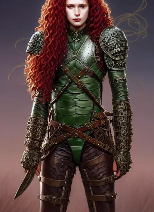 Image similar to ranger, leather armor!!! long curly red hair!! covered chest!!! green eyes, fantasy, d & d, intricate ornate details, digital painting, pretty face!!, symmetry, concept art, sharp focus, illustration, art by artgerm! greg rutkowski magali villeneuve wlop! ilya kuvshinov!!, octane render