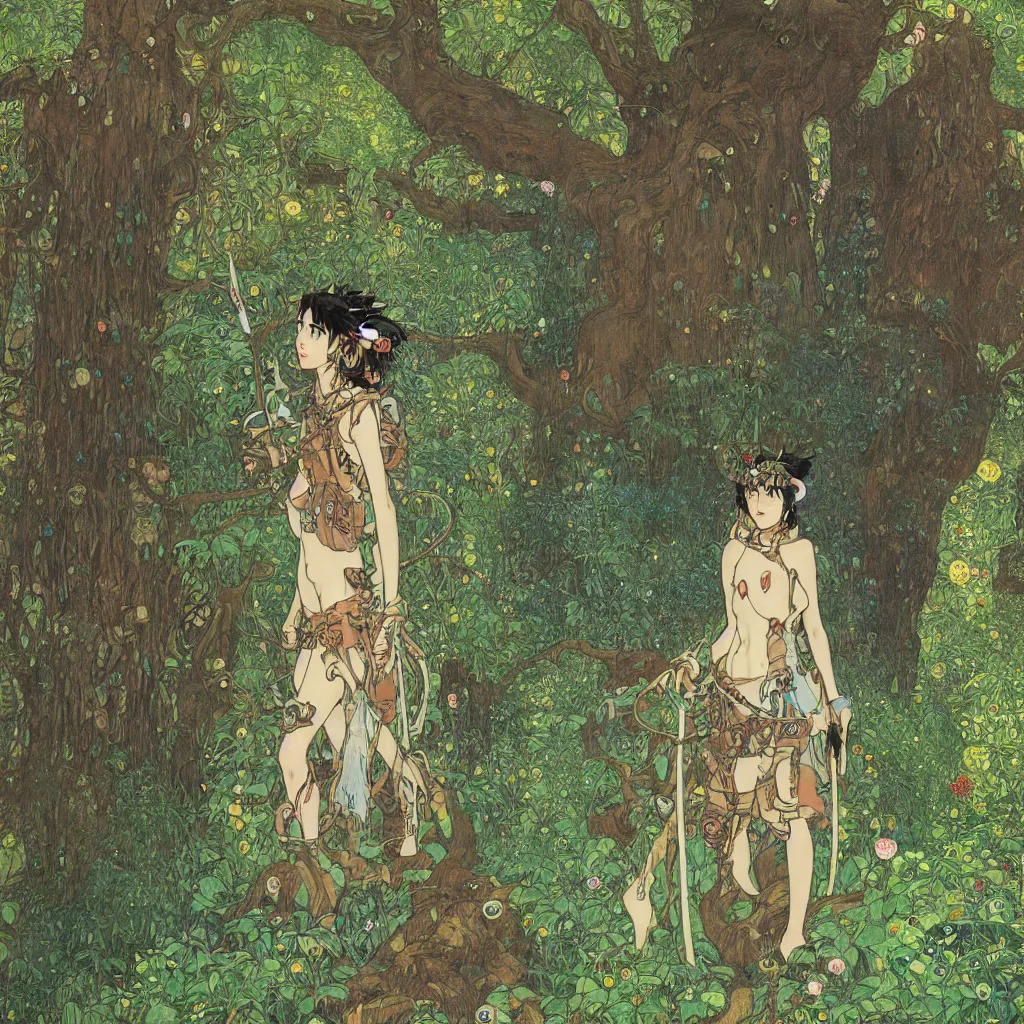 Prompt: Princess Mononoke, fully clothed in armor, lush fairy forest, neon, concept art, schematics, studio ghibli, gnarly trees, painted by gustav klimt, norman rockwell, mucha, james gurney, high detail, denoised, sharp, architectural