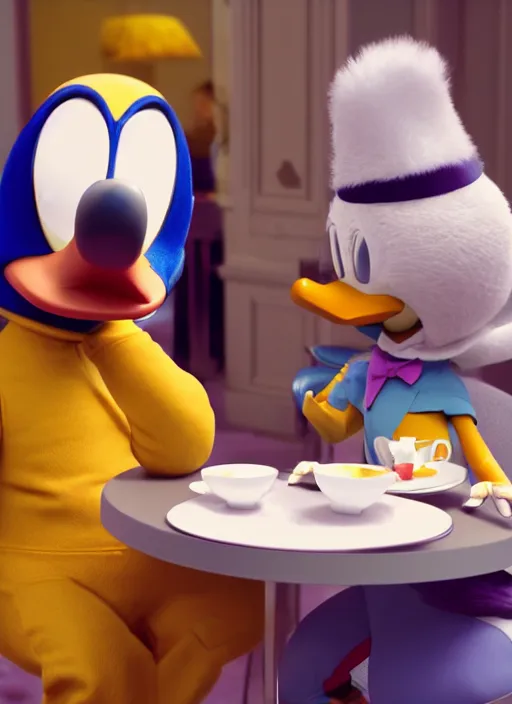 Prompt: jodie march and donald duck having tea at the ritz, octane render, cinematic, elegant, intricate, 8 k