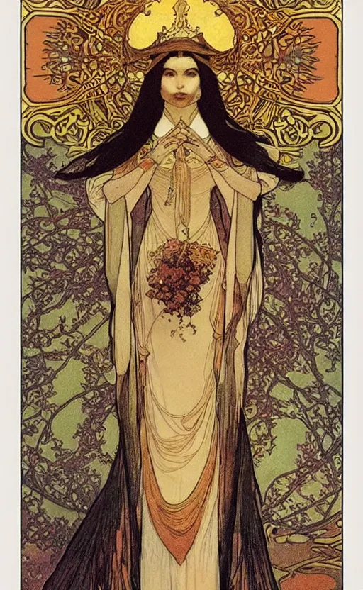 Image similar to the empress, tarot, beautiful border, by alfons maria mucha, highly detailded