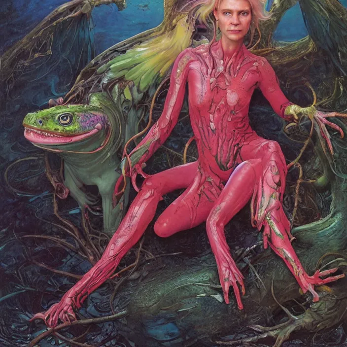 Image similar to a portrait photograph of claire danes as a brightly colored harpy amphibian hybrid with wet mutated skin. wearing a prosthetic organic catsuit. by tom bagshaw, donato giancola, hans holbein, walton ford, gaston bussiere, brian froud, peter mohrbacher and magali villeneuve. 8 k, cgsociety