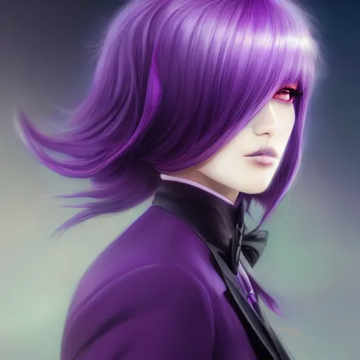 Prompt: beautiful anime woman with purple hair, ( ( ( ( ( unicorn horn ) ) ) ) ) ( ( ( purple eyes ) ) ), a purple tuxedo, sharp focus, intricate, cell shaded, award winning photography, cinematic, digital painting, cinematic, wlop, 8 k, by ross tran, tom bagshaw