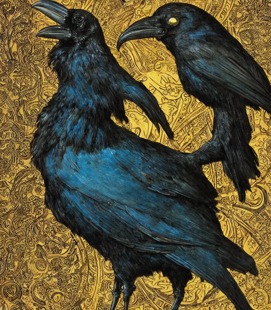 Prompt: photorealistic detailed victorian raven animal portrait painting, close up, ornate dark turquoise and black and yellow ochre background with circle arch, art by friedrich schenk and alphonse mucha and walter crane and louis sullivan and greg hildebrandt