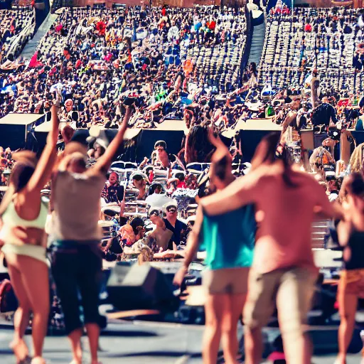 Prompt: photo of a group of people, focus on people dancing, jones beach amphitheater, focused and realistic picture