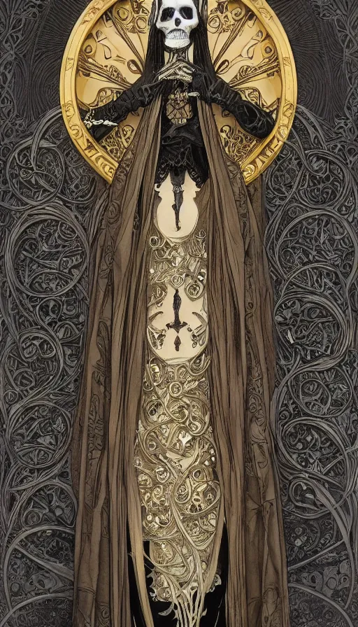 Image similar to a skeleton in a black cloak, highly detailed, very intricate, art nouveau, gold filigree, left right symmetry, tarot concept art watercolor illustration by mandy jurgens and alphonse mucha and alena aenami, featured on artstation