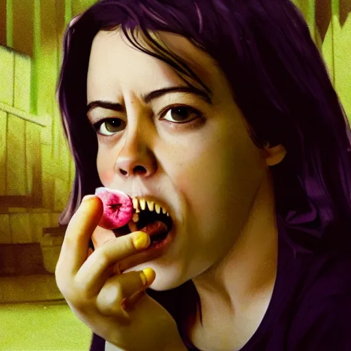 Prompt: young vampire aubrey plaza eating a clove of garlic, art by beeple