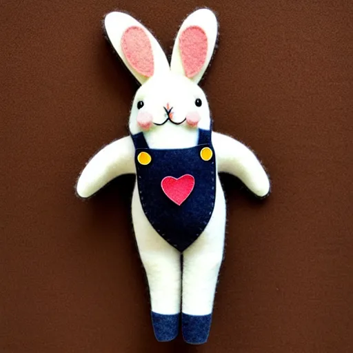 Image similar to a cute elegant felt plush doll of a rabbit wearing overalls detailed highly realistic