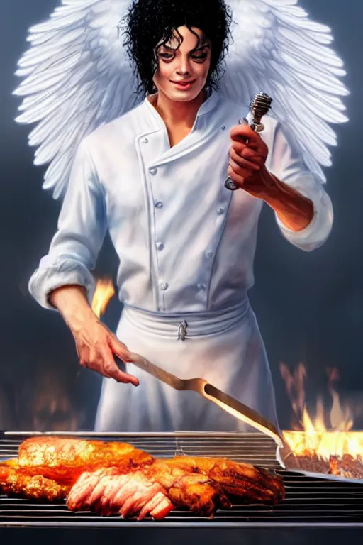 Image similar to white michael jackson cooking a bbq as a heavenly angel, anatomy, bathed in light, highly detailed, photorealistic, artstation, smooth, sharp focus, illustration, unreal engine 5, 8 k, art by artgerm and greg rutkowski and edgar maxence