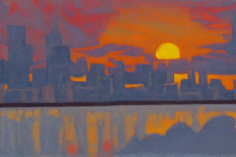 Image similar to winnipeg skyline, sunset, painting by lawren s harris, group of seven, 4 k