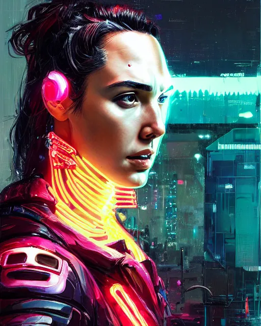 Image similar to detailed side profile portrait Gal Gadot, cyberpunk futuristic neon, reflective puffy coat, decorated with traditional Japanese ornaments by Ismail inceoglu dragan bibin hans thoma greg rutkowski Alexandros Pyromallis Nekro Rene Maritte Illustrated, Perfect face, fine details, realistic shaded, fine-face, pretty face